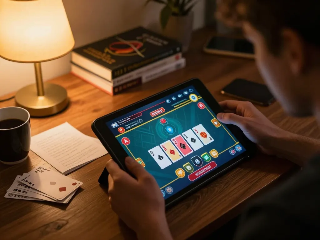 Engaging scene of online gaming with 68gamebaivn on tablet, highlighting responsible gambling.