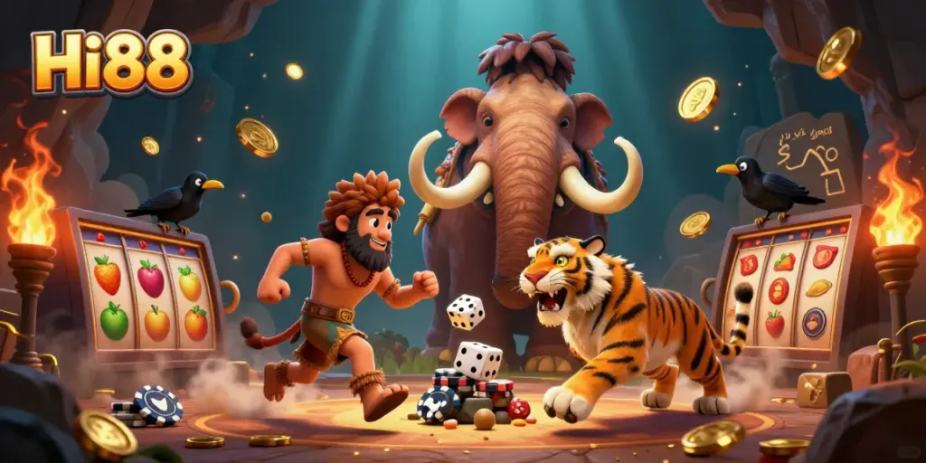 Place bets and spin reels at Hi88's prehistoric casino featuring vibrant characters and gold details.