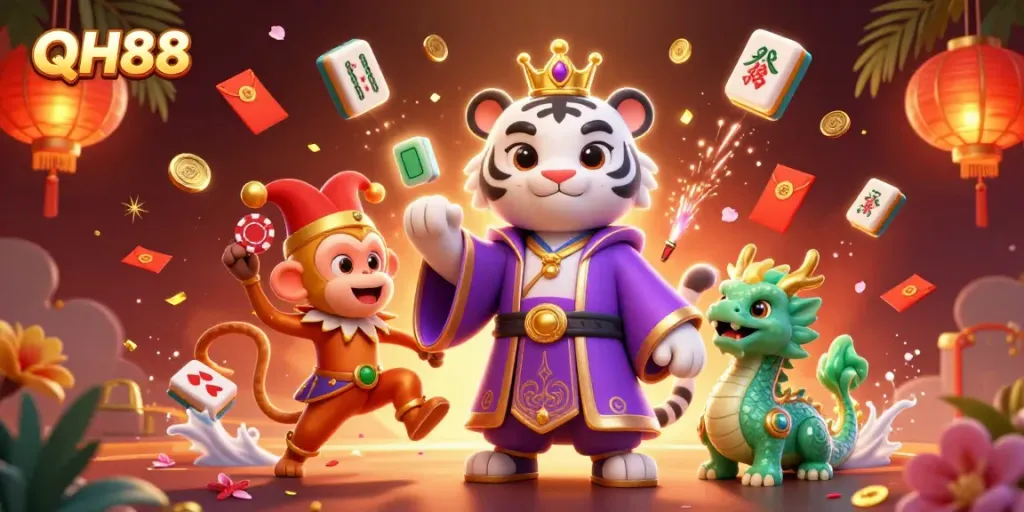 Experience the thrill of QH88 with a cartoon tiger, monkey, and jade dragon celebrating in a lively casino