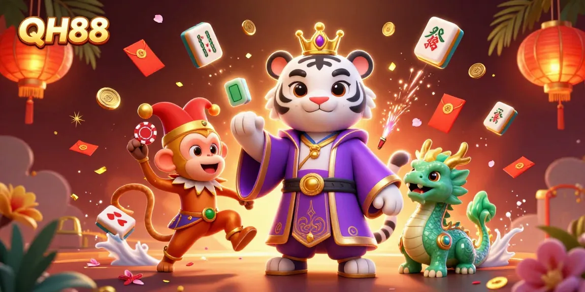 Experience the thrill of QH88 with a cartoon tiger, monkey, and jade dragon celebrating in a lively casino