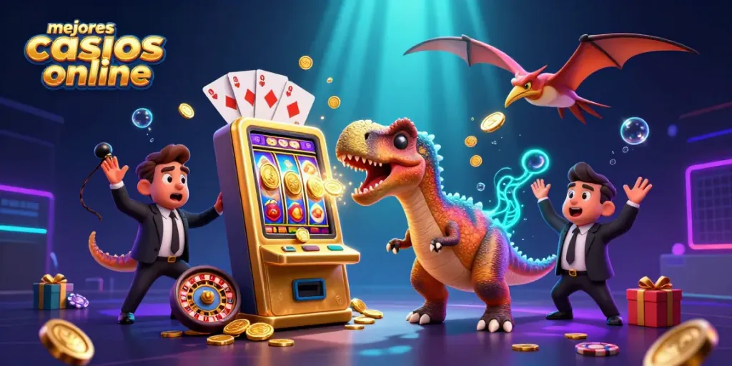 Conoce los mejores casinos online mientras un pachycephalosaurus hace girar un tragamonedas dorado.