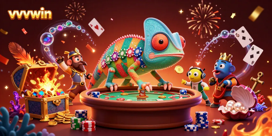 Bet big with vvvwin, showcasing the exciting chameleon casino owner amidst dynamic gambling elements.