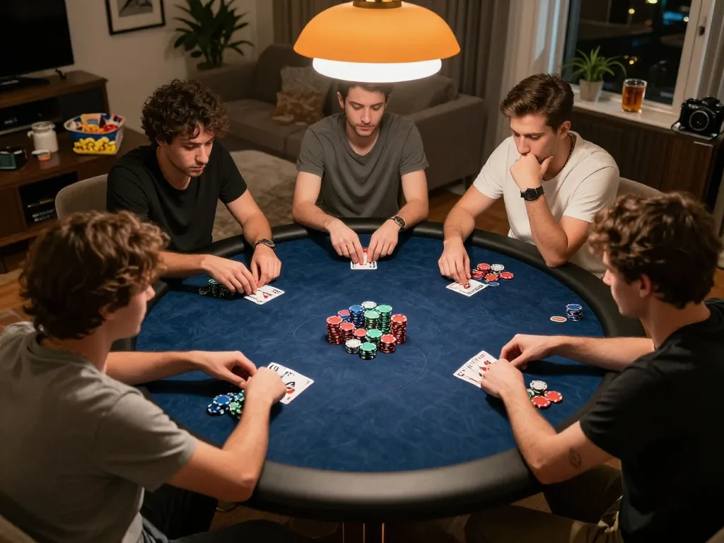 Playing poker with friends at home, highlighting highpointawards strategies for winning hands.