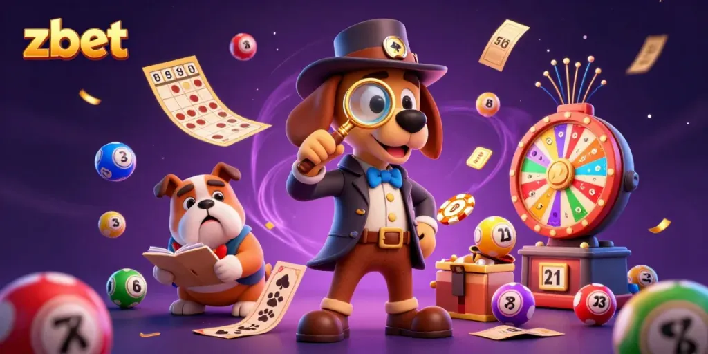 Engage in thrilling games at zbet with vibrant illustrations of a character examining poker clues.