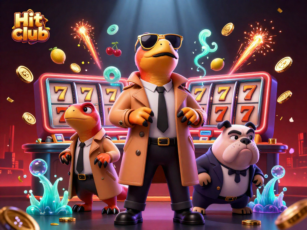 Engage in the Hit club experience with raptors sneaking into a casino, surrounded by vibrant slot elements.