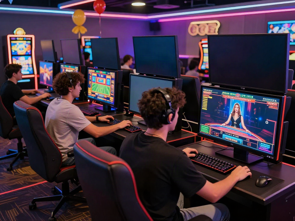 Diverse players engaging in online gaming at Man88's vibrant gaming lounge.