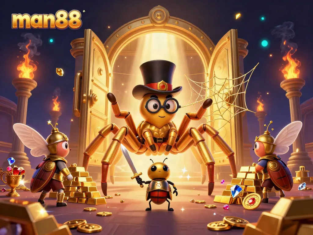 Experience the excitement of man88 with a cartoon scene of golden treasures and brave characters.