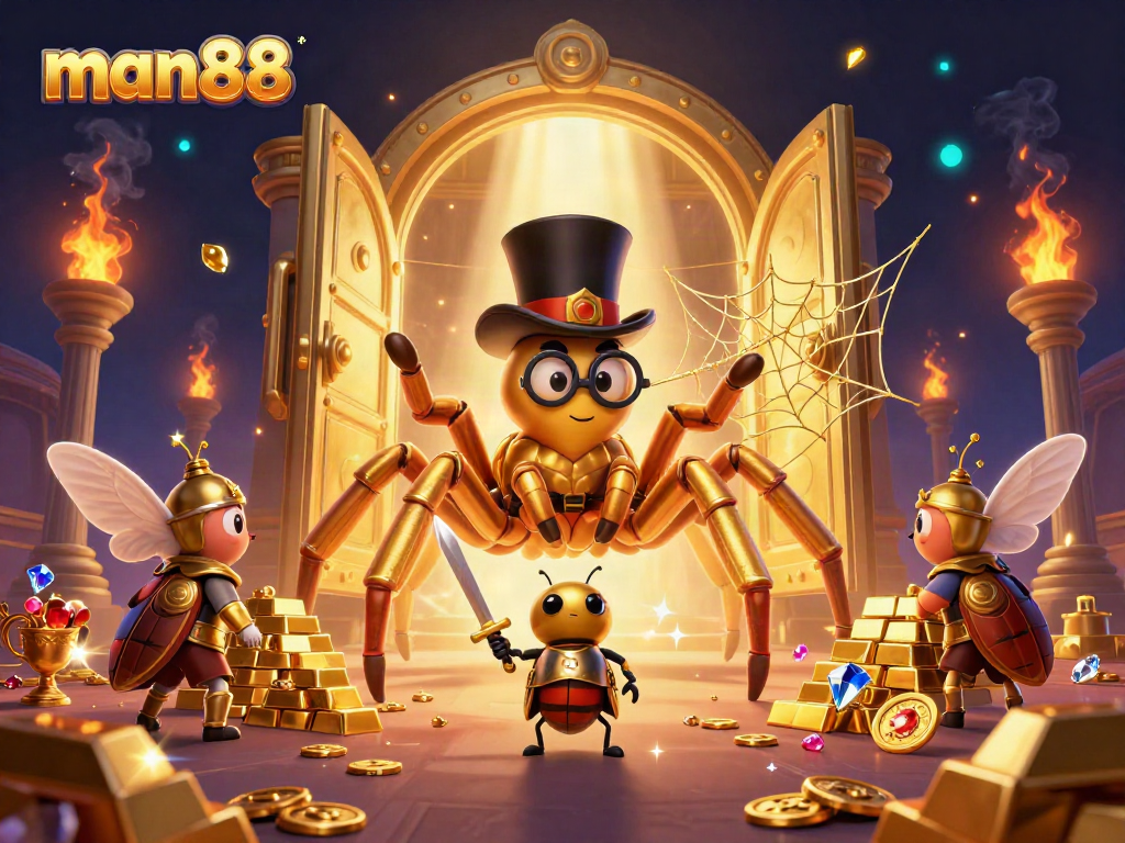 Experience the excitement of man88 with a cartoon scene of golden treasures and brave characters.