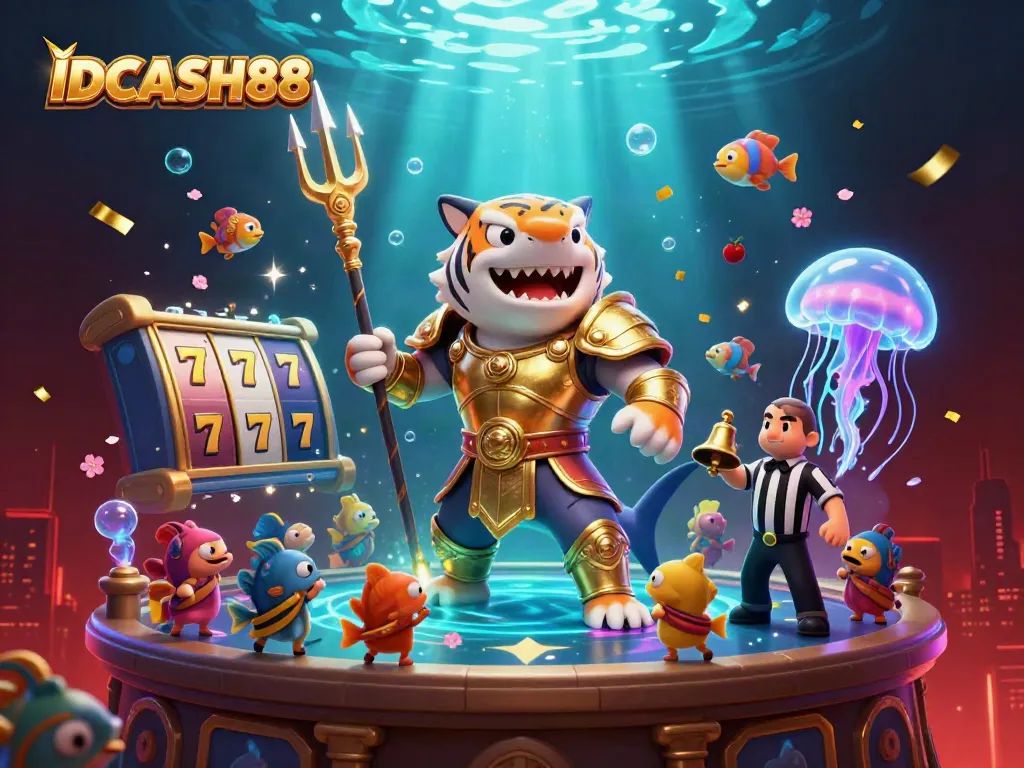 Engage with IDCASH88's thrilling underwater casino adventure featuring vibrant characters and slot reels.