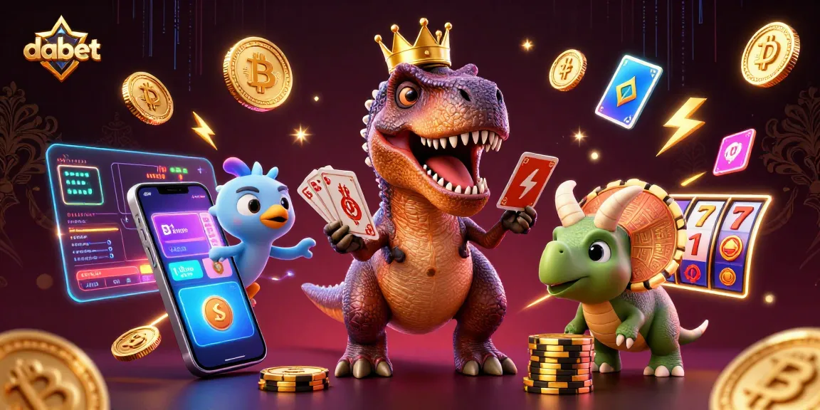Engage with dabet's vibrant casino scene featuring a T-Rex shuffling cards with a pterodactyl and triceratops.