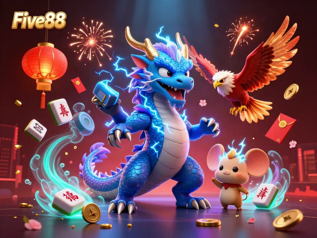 Experience thrilling gaming at Five88 with dynamic scenes of dragon and hawk amidst vibrant casino elements.