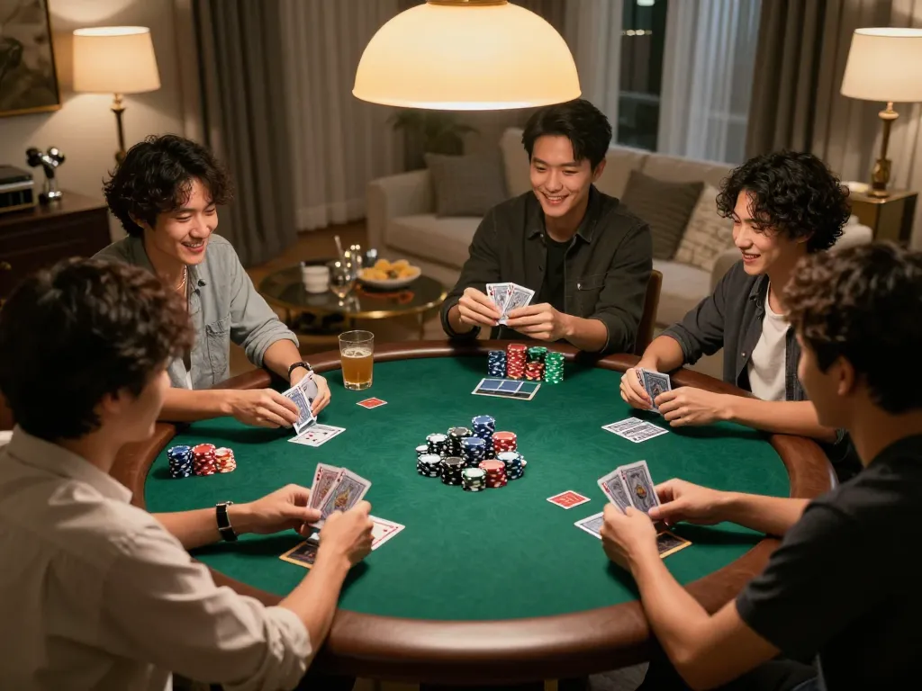 Friends playing poker at home, showcasing MM88 for a social gambling experience.