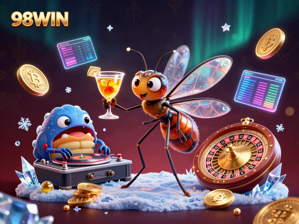 Experience high-stakes gaming with 98WIN's vibrant casino mascot and digital treasures