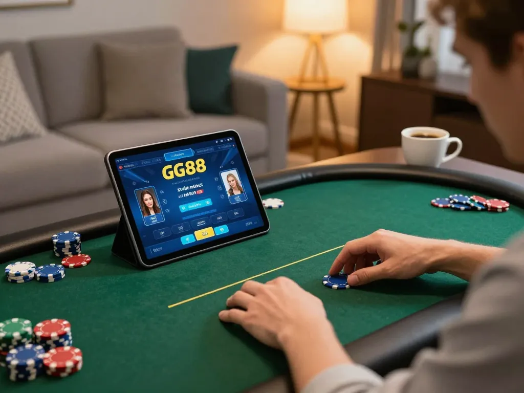 Engaging in GG88 poker strategy at a cozy home setup with chips and tablet.