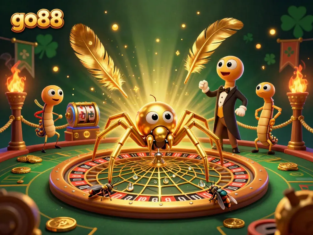 Experience the exciting go88 online casino action with a golden spider spinning a roulette web and a centipede croupier.