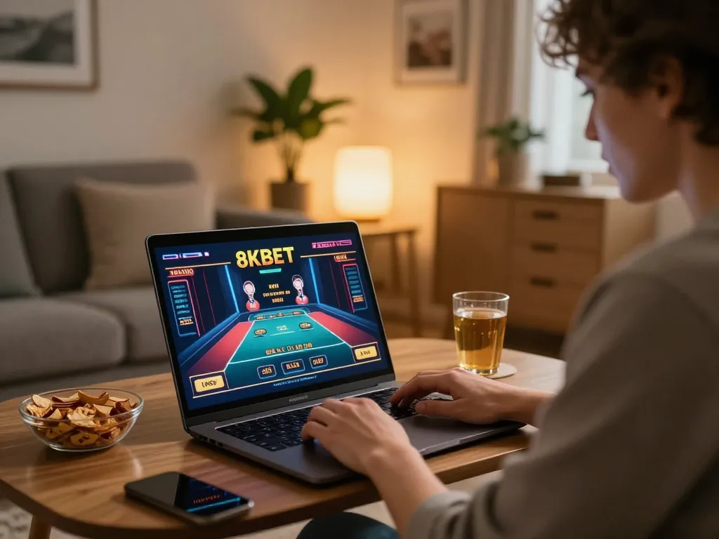 Player enjoying strategic online gameplay on 8kbet platform in comfortable home setting.