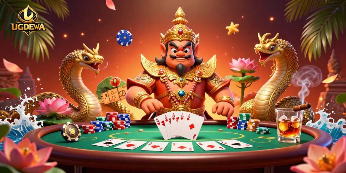 Engage in exciting gameplay at UGDEWA, featuring a vibrant scene with friendly temple guardian and poker elements.