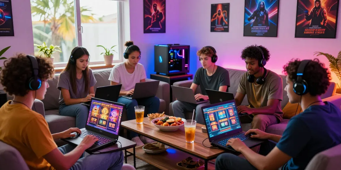 Group of friends enjoying slot games on laptops, showcasing the excitement of bro138 online gaming.
