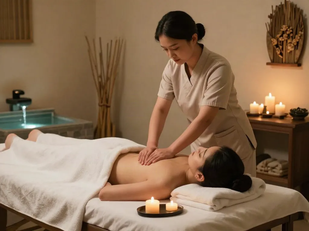 안산출장안마 service in a tranquil massage room with professional decor and soft lighting.