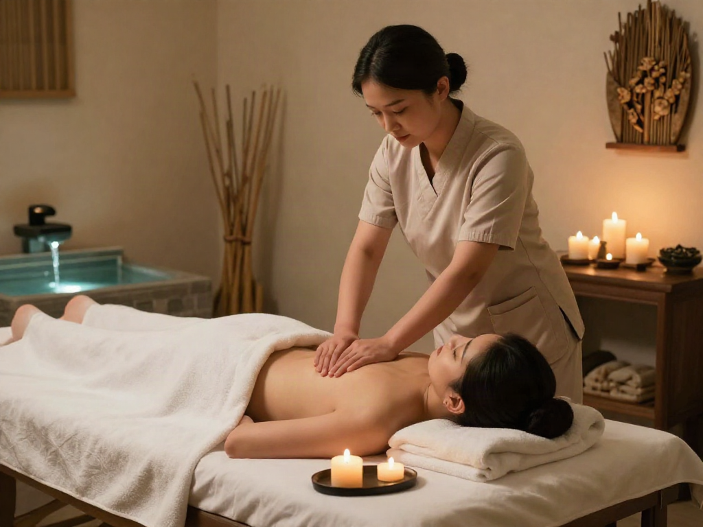 안산출장안마 service in a tranquil massage room with professional decor and soft lighting.