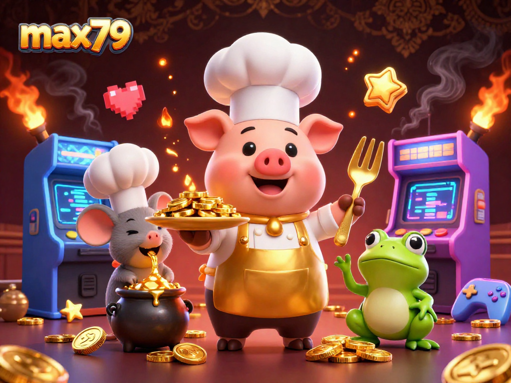 Experience the excitement at max79, featuring chef pig and friends in a vibrant casino scene.