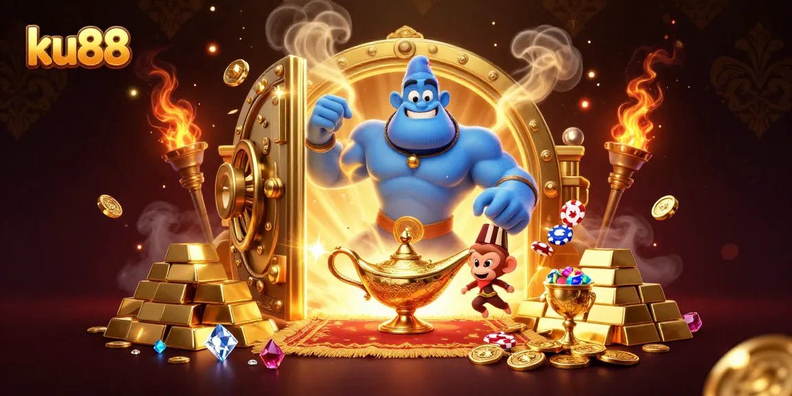 Experience thrilling wins at ku88 with a dynamic casino illustration featuring a magical genie, rich treasures, and vibrant colors.