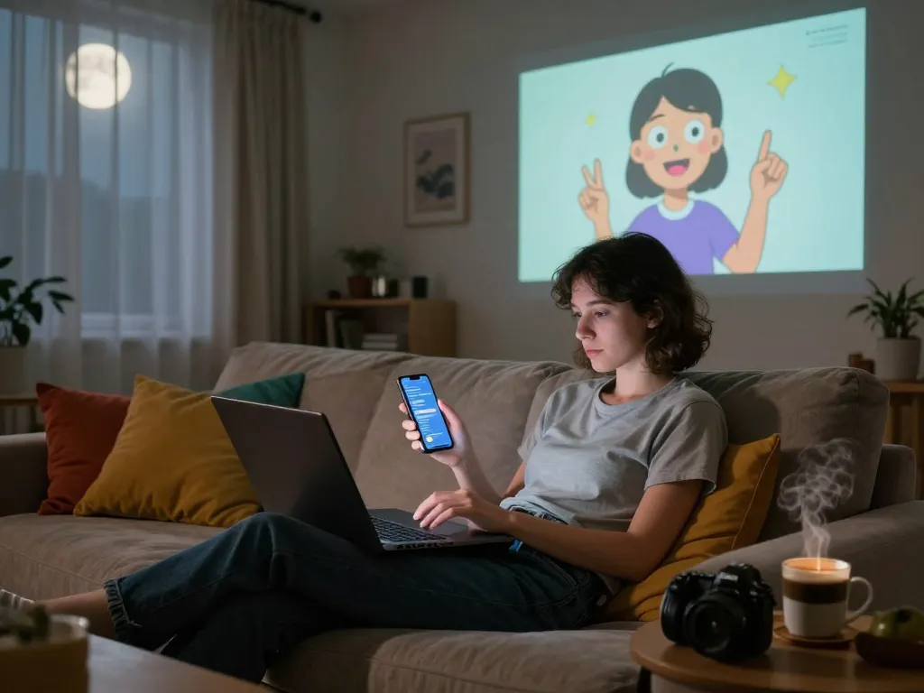 Engaging in ai porn chat on a cozy sofa with ambient lighting.