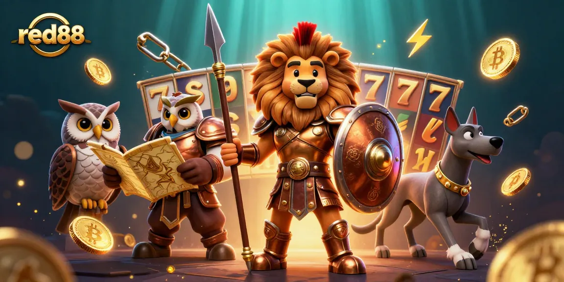 Experience thrilling gameplay with red88 as the Spartan lion leads in a vibrant casino scene.