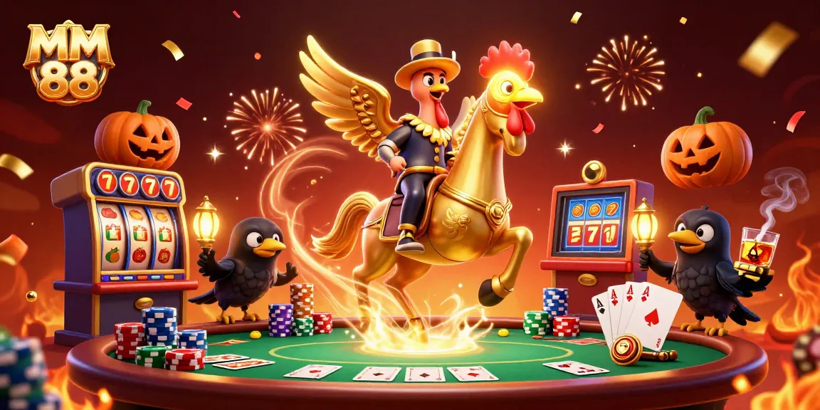MM 88 offers exhilarating gameplay with golden rooster character and lively casino elements in a dynamic scene.