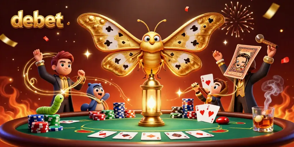 Experience luxury gaming with debet as a moth reveals casino scenes amidst vibrant poker elements.