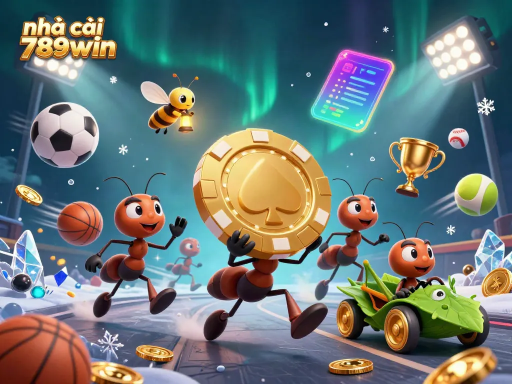 Team of ants carrying a golden chip in a heist scene at nhà cái 789win, surrounded by sports elements.