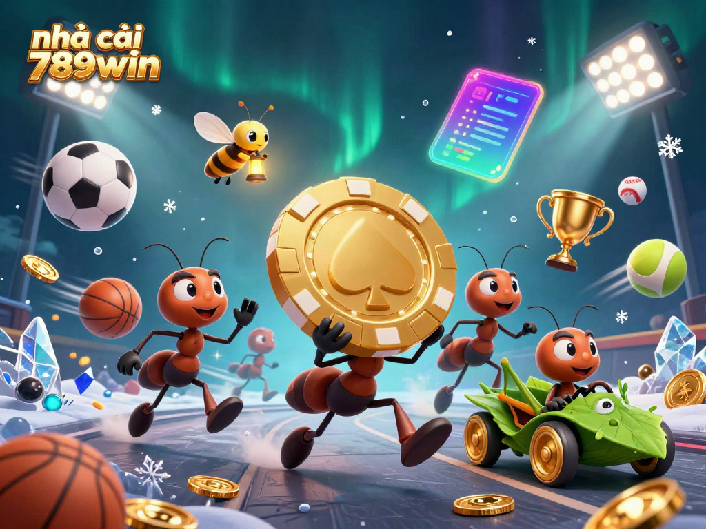 Team of ants carrying a golden chip in a heist scene at nhà cái 789win, surrounded by sports elements.