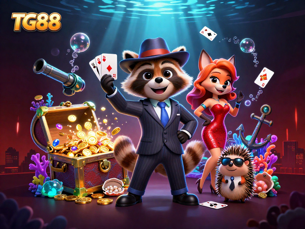 Engage in exciting wins at TG88 with a suave raccoon, glamorous fox, and bouncer in a vibrant casino scene.