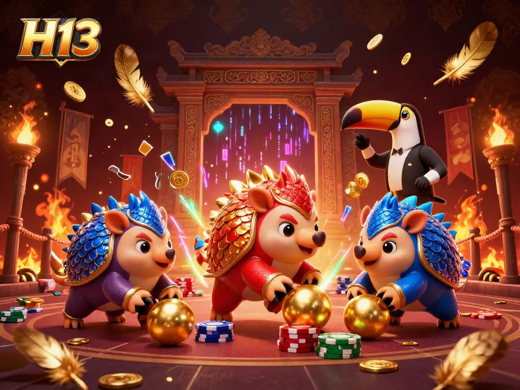 H13 pangolins compete by rolling golden balls among poker chips in this thrilling casino illustration.