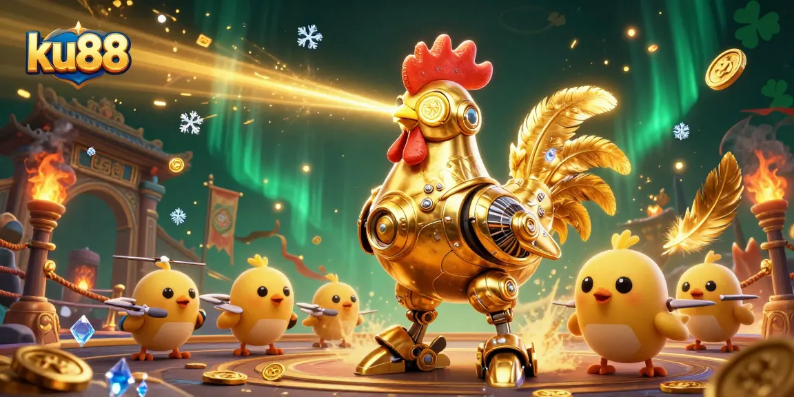 ku88's golden rooster robot and baby chick drones animatedly engaging in a vibrant casino scene