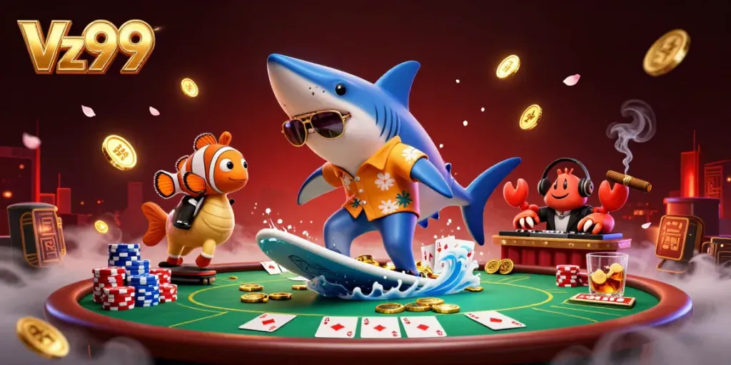 Experience the thrill of Vz99 with a dazzling casino illustration featuring vibrant characters and poker elements.