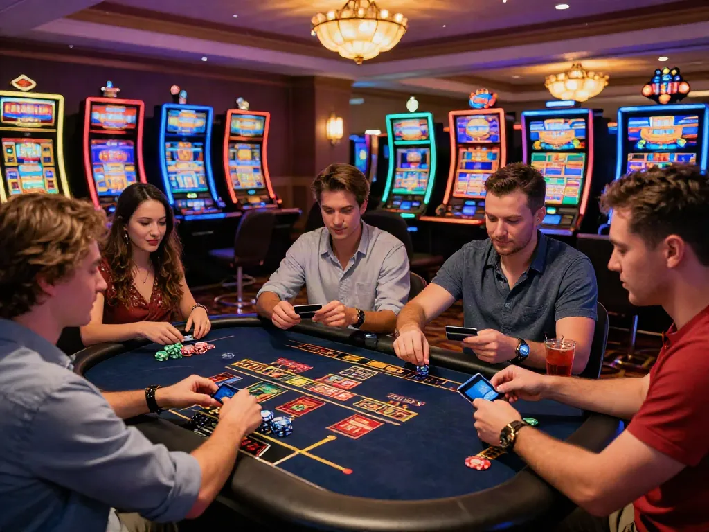Exciting atmosphere at credit card casinos with friends playing games and enjoying the moment.