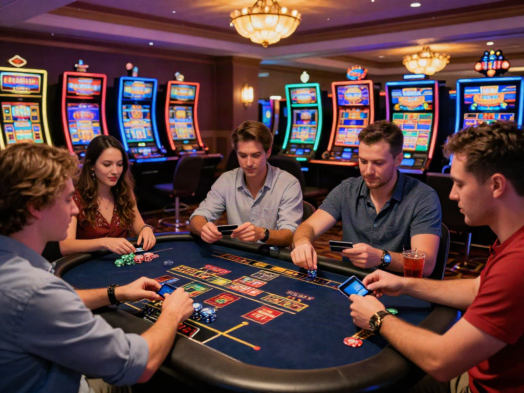 Exciting atmosphere at credit card casinos with friends playing games and enjoying the moment.
