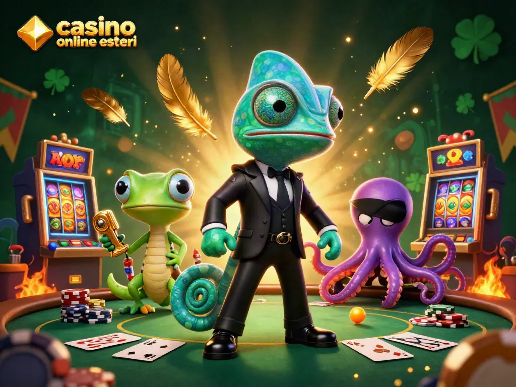 Giocando nei migliori casino online esteri, un camaleonte segreto e un ghecco interagiscono con elementi di gioco d'azzardo.