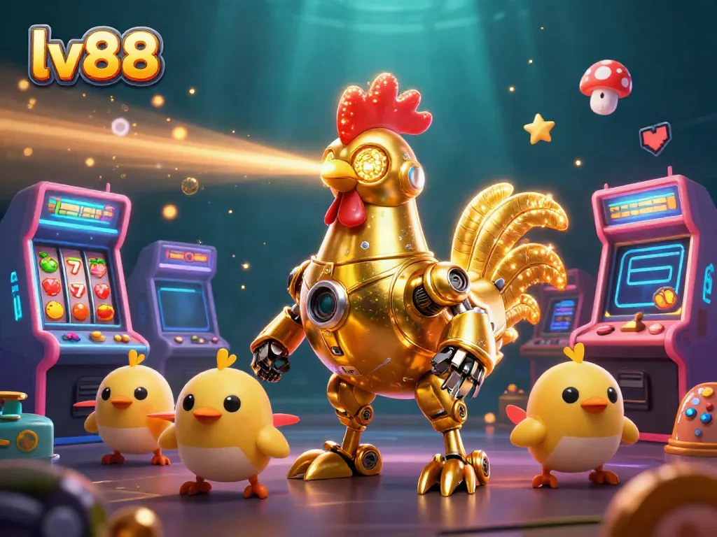 Engage with the dynamic gaming experience at LV88 with colorful arcade elements and a golden rooster robot.