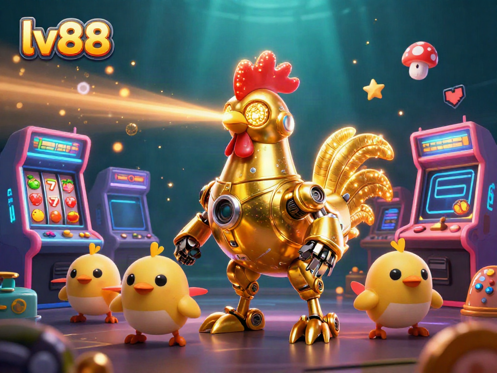 Engage with the dynamic gaming experience at LV88 with colorful arcade elements and a golden rooster robot.