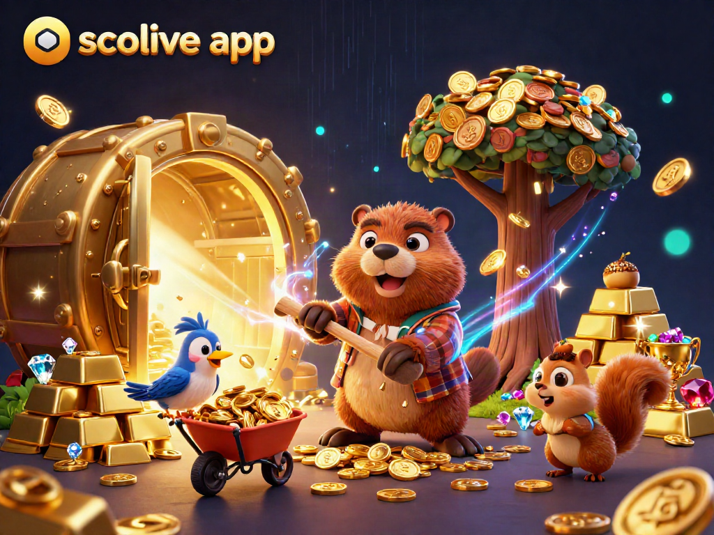 Experience the excitement of the socolive app: live football action surrounded by golden treasures and animated characters.