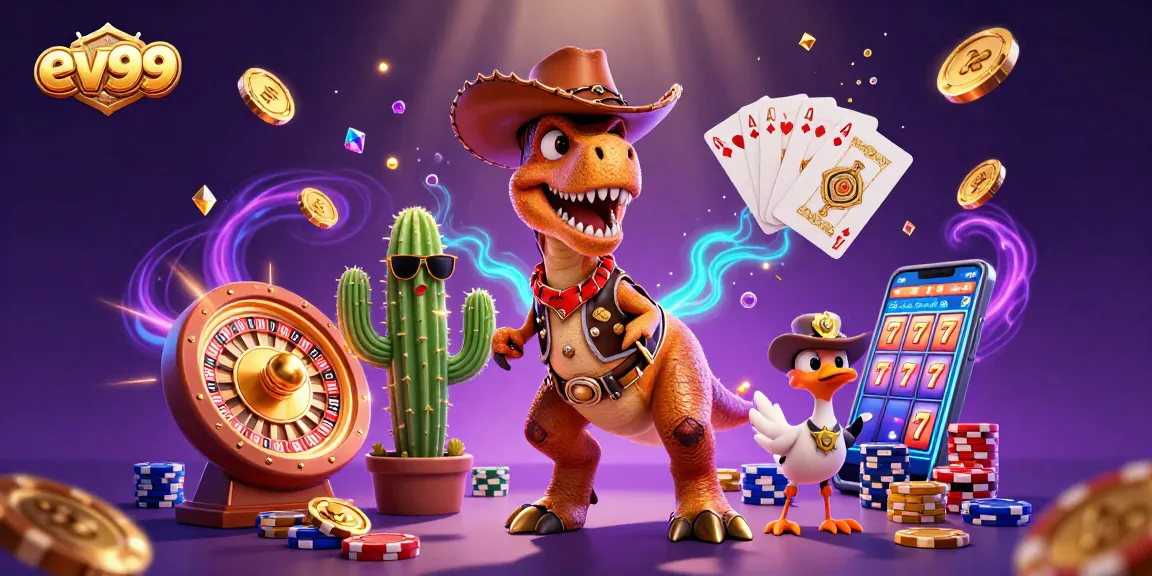 Experience the thrill of gaming with ev99, highlighted by vibrant characters and dynamic casino elements.