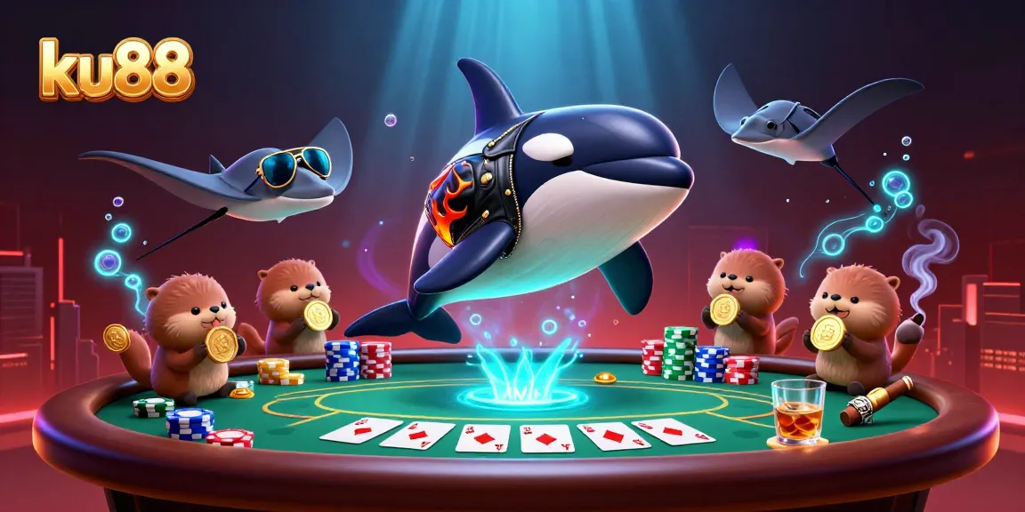 Engage with ku88's thrilling poker scene featuring sea creatures and vibrant casino elements.