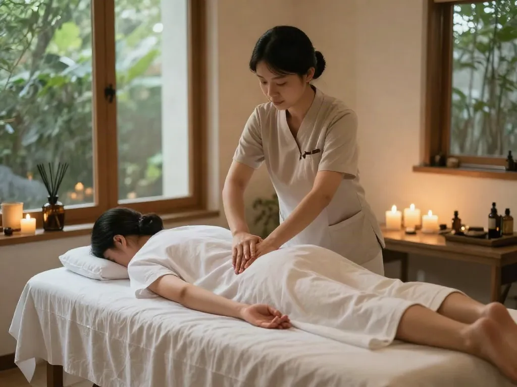금천구출장안마 soothing therapy session in a calming massage room with professional therapist and soft lighting.