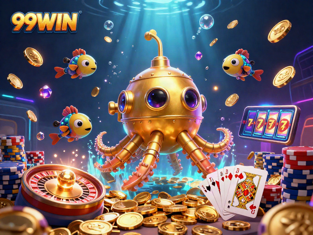 Join the adventure at 99WIN as the golden kraken submarine uncovers treasures in a vibrant casino scene.