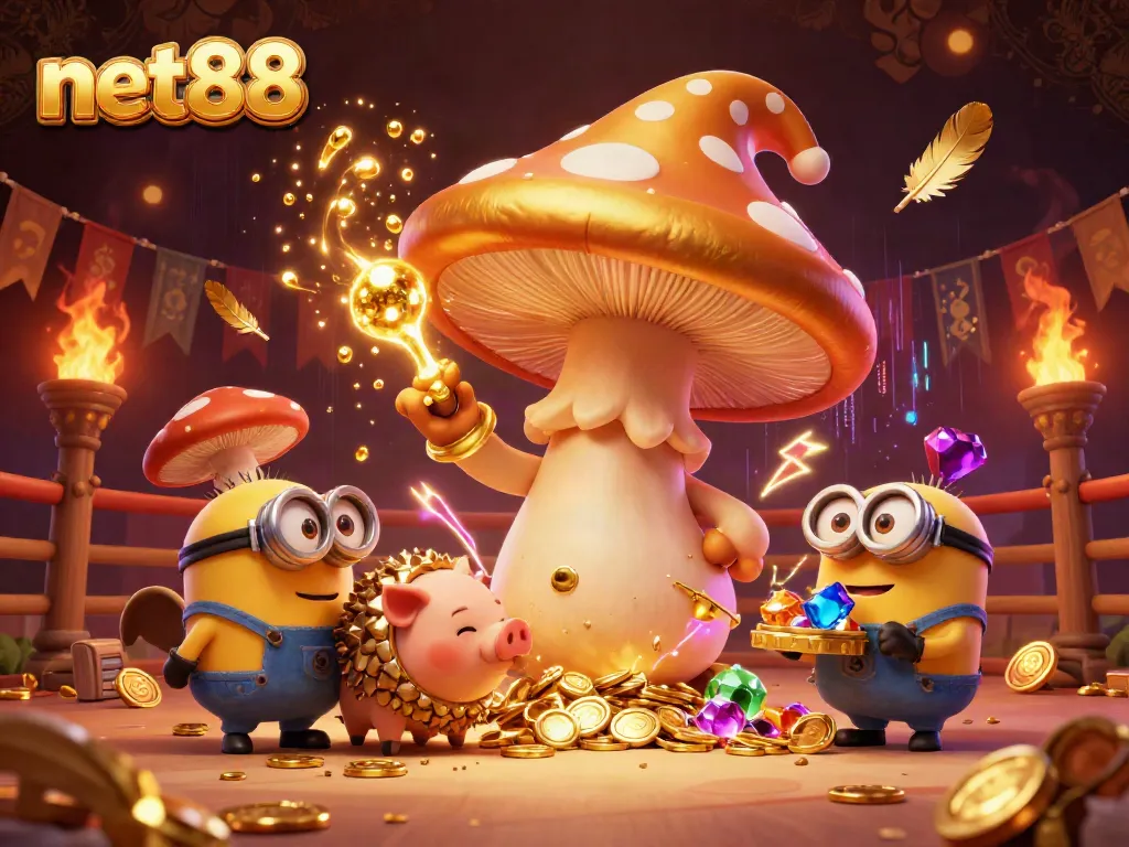 Experience the magic of net88 in a vibrant cockfighting arena with treasures and enchanting characters.