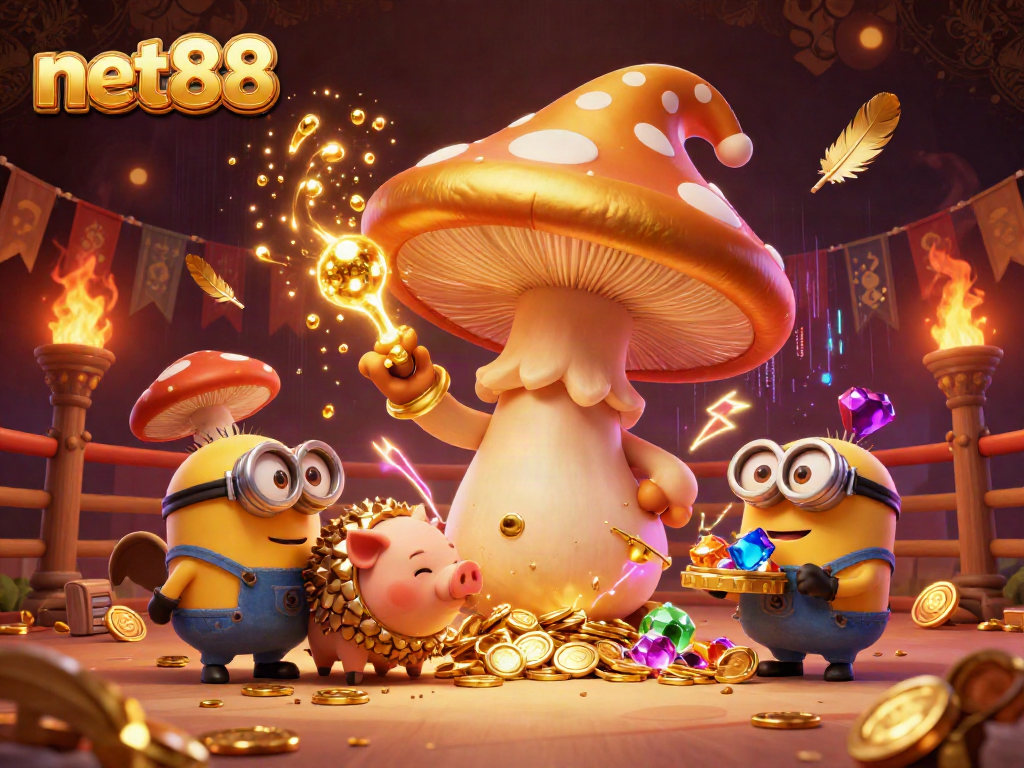 Experience the magic of net88 in a vibrant cockfighting arena with treasures and enchanting characters.