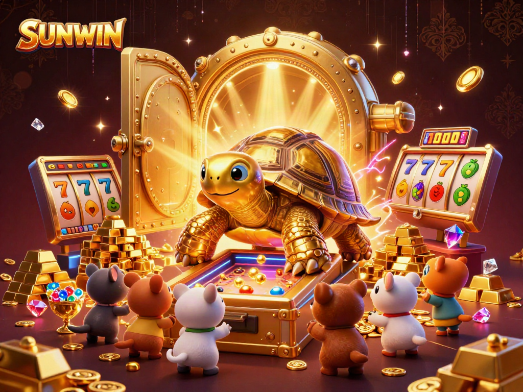 SUNWIN engages players with a colossal golden tortoise pinball machine and vibrant gambling elements.