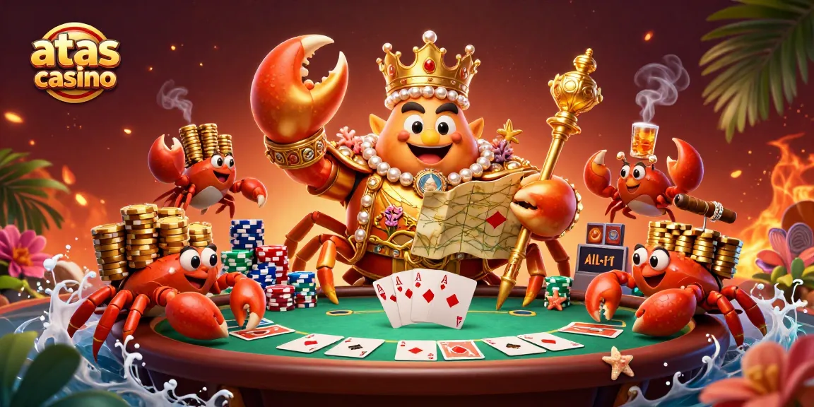 Engage with the vibrant world of atas casino through this dynamic 3D illustration showcasing a golden crab emperor amidst thrilling poker action.